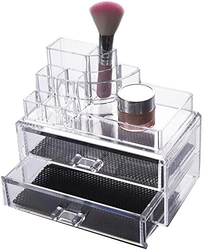 Acrylic Makeup Organizer with 2 Drawers and Black Mesh Padding Clear Makeup Box Set (FL-1065)
