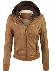 Apparel: Kogmo Womens Faux Leather Zip Up Fur Lining Jacket with Knit Hoodie-M-CAMEL