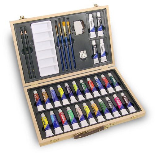 Acrylic Painting Set In Wood Box Includes 35 Essential Pieces
