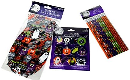 Halloween Loot Bag Three ( 3 ) Item Bundle Includes Pencils, Erasers and Treat Bags