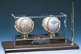 Double Ball Gold Glove Holder Desk and Gold Pen Display Case with Engraved MLB Team Logo and Wood