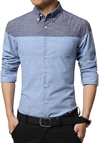Wiboy Men's Color Block Fleeced Slim Shirt Blue 2XL