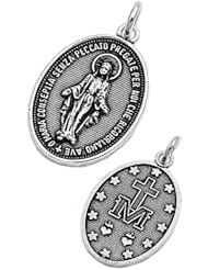 Sterling Silver St Maria Mary Spanish Catholic Pendant Charm Pure 925 New 25mm with 2mm Figaro Chain