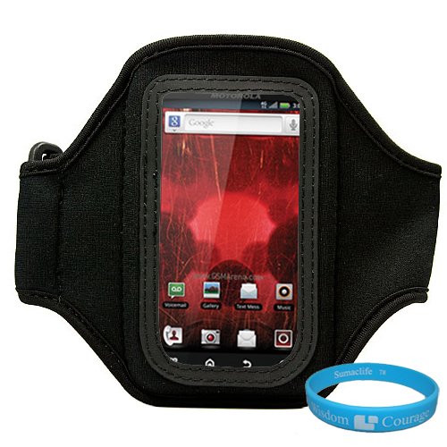 Black Moisture Resistant Protective Neoprene Exercise Workout Armband with Adjustable Velcro Strap for Motorola Droid Bionic XT865 4G Verizon Wireless Motorola Smartphone + INCLUDES!!! SumacLife TM Wisdom Courage Wristband