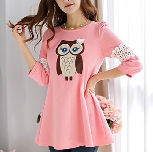 Lucky God Women's Owl Print Cotton Crochet Lace T-Shirt Asian 2XL Pink