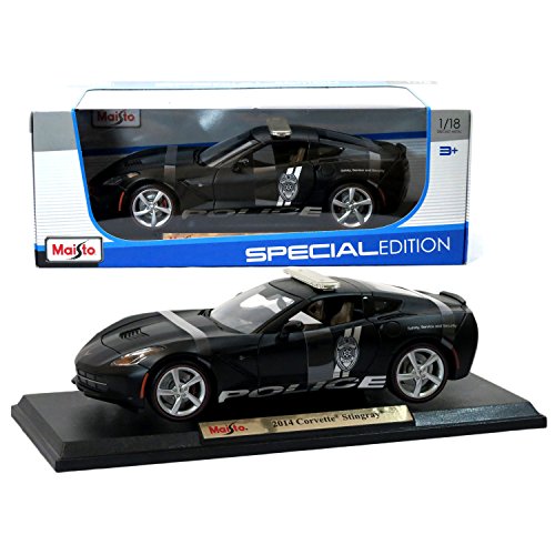 Maisto Year 2015 Special Edition Series 1:18 Scale Die Cast Car Set - Black Color Police Cruiser Sports Coupe 2014 CORVETTE STINGRAY with Display Base (Car Dimension: 9-1/2 x 3-1/2 x 3)