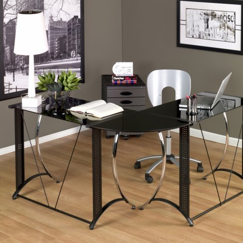 Check For Discount Price For Monterey Glass L-Shaped Desk - Black and Chrome - 50400