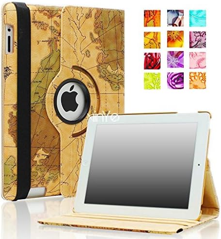 VINYE (TM) For Apple iPad Case - Map-02 360 Degrees Rotating Flower Rose Leopard Map Pattern Leather Stand Case Smart Cover with Auto Sleep / Wake Feature for iPad 4 with Retina Display, iPad 3, iPad 2 (iPad 2/iPad 3/iPad 4)