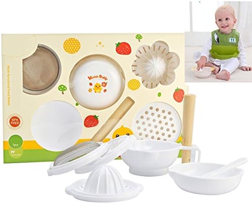 Mom Miya Baby Multifunction Mash Grinding Processor tools Food Maker Food Mill Making Homemade Baby Food DIY 7 in 1 Plus Foldable Roll Up Silicone Green Bibs Set(Food Grinding Processor+Green Bib)