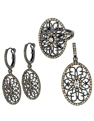 BRI Jewelry Sterling Silver Flat Oval Shape Vine Design W/ Coffee And 1 Clear Cubic Zirconia Set - Pendant - Dangle Earring - Ring Size 7
