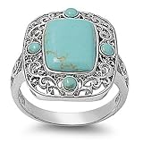 Rhodium Plated Sterling Silver Wedding & Engagement Ring Turquoise Ladies Ring 20MM ( Size 6 to 10)