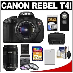 Canon EOS Rebel T4i Digital SLR Camera Body & EF-S 18-55mm IS II Lens with 55-250mm IS Lens + 32GB Card + Battery + Case + 3 Filters + Accessory Kit