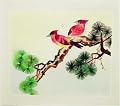 Cardinal Birds on Pine Tree Branch - Chinese Woven Wheat Stalk Picture, Hand Crafted