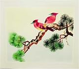 Cardinal Birds on Pine Tree Branch - Chinese Woven Wheat Stalk Picture, Hand Crafted