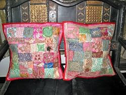 Chair Cushion Covers-2 Pink Embroidery Sari Toss Pillow Cushion Covers