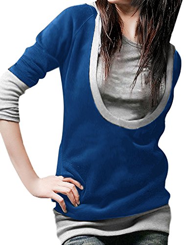 Allegra K Lady Pullover Design Scoop Neck Drawstring Hoody Tunic Shirt (Large, blue)