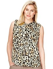 Plus Animal Print Sleeveless Buttoned Blouse