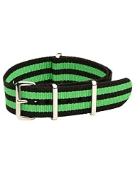 22mm Classic SS Nylon Striped Black / Lime Green - Easily Interchangeable Replacement Military Watch Strap / Band - Fits All Watches!!!