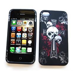 Apple iPhone 4 & 4S Rubberized Snap-On Protector Hard Case Image Cover "Cross 'N Skulls" Design