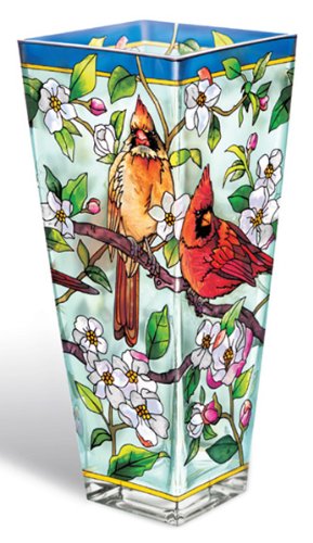 Amia 10-Inch Tall Hand-Painted Glass Vase Featuring Cardinals