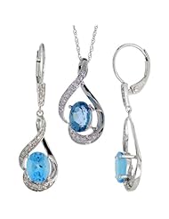 14k White Gold Dangle Earrings (19mm tall) & 18 in. Pendant-Necklace Set, w/ 0.20 Carat Brilliant Cut Diamonds & 3.64 Carats Oval Cut (7x5mm) Blue Topaz Stones