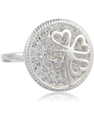 Sterling Silver Pave Crystal Round Ring with Four Leaf Clover Ring