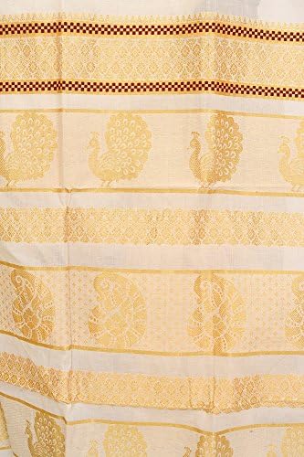 Exotic India Whisper-White Kasavu Sari from Kerala with Woven Peacoc - Off-White
