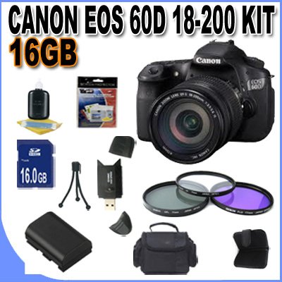 Canon EOS 60D 18 MP CMOS Digital SLR Camera with 3.0-Inch LCD and EF-S 18-200mmf/3.5-5.6 IS Standard Zoom Lens w/16GB SDHC Memory + Extra Extended Life Battery + 3 Piece Filter Kit + SDHC Memory Card Reader + Memory Card Wallet + Shock Proof Deluxe Case w/Strap + Mini Tripod + Accessory Saver Bundle!