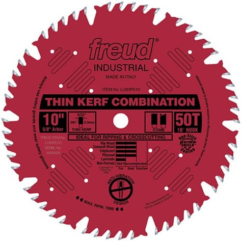 Freud LU83R010 10-Inch 50 Tooth ATB Thin Kerf Combination Saw Blade with 5/8-Inch Arbor and PermaShield Coating