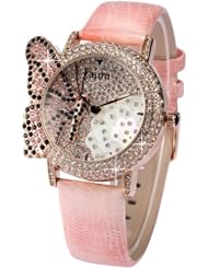 Rose Gold Lady Women Girl Crystal Butterfly Pink Leather Band Quartz Wrist Watch WK1159