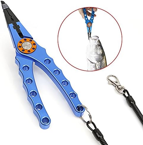 RundA Fishing Aluminum Fishing Pliers Resistant Saltwater for Cutting Braid Line and Remove Hooks or Lure with Coiled Lanyard and Belt Holder Sheath 7 Color Available(1 pack) (Blue)