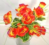12 Yellow Red Rose Artificial Silk Flowers Bouquet