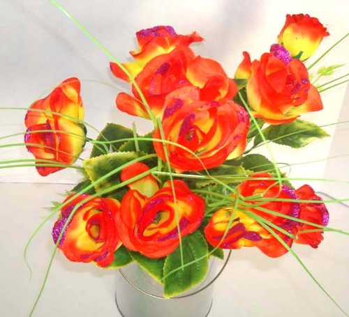 12 Yellow Red Rose Artificial Silk Flowers Bouquet