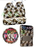 9 Piece Hawaiian Auto Interior Gift Set - Tan Hawaii Hibiscus Floral print: 2 Front Bucket Seat Cover, Steering Wheel Cover, 2 Shoulder Harness Pressure Relief Cover, 2 Front Floor Mat and 2 Rear Floor Mat - Tan