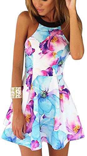 Fancyinn® Women Sexy Halter Neck Floral Print Backless Beach Skater Mini Dress