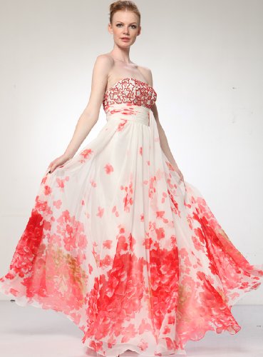 HK9196 PRINT CHIFFON STRAPLESS EMBROIDERY BEAD LONG GOWN