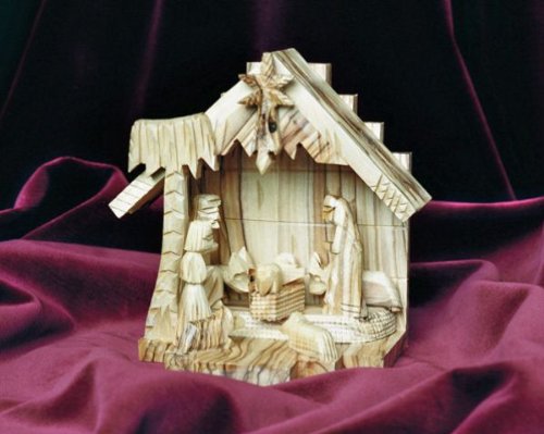 Statuette per il presepio con stalla, palma e Stella Cometa. Intagliate a mano in legno d'ulivo di Beltemme. Altezza ca. 13 cm.