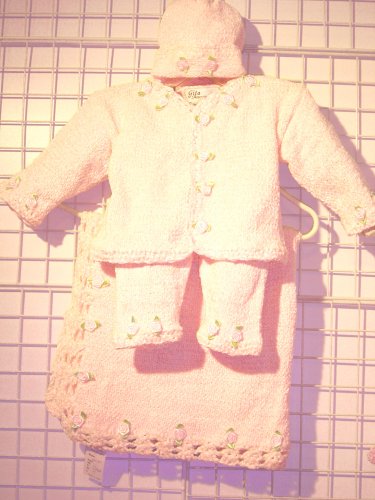 Cpk81bk, Knitted on Hand Knitting Machine Baby Pink Chenille, Trimmed By Hand Crochet Girls Cardigan Pant Hat Set with Satin Rosebuds and Matching Blanket