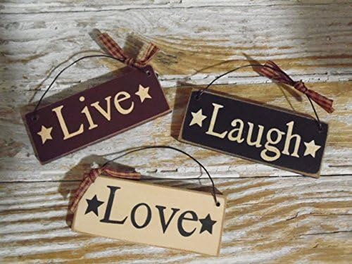 Lot of 3 - Live Laugh Love Wood Signs w/ Hangers &amp; Gingham Ribbon 4 x 1.5 Country Rustic Primitive