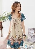 胸元リボンのレトロ花柄シフォンチュニックワンピース ベージュ