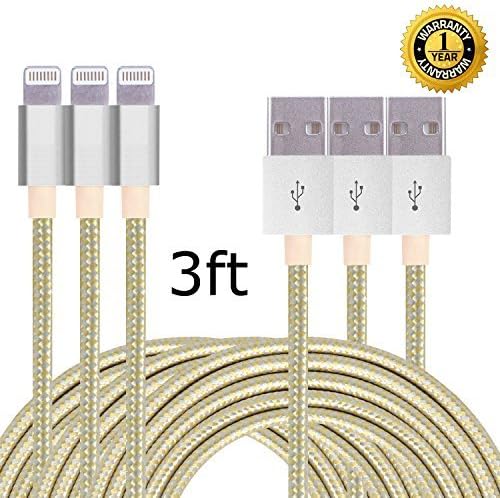 IFaxnn 3pcs 3FT Lightning Cable Popular Nylon Braided Charging Cable Extra Long USB Cord for iphone 6s, 6s plus, 6plus, 6,5s 5c 5,iPad Mini, Air,iPad5,iPod on iOS9.(white+gold).