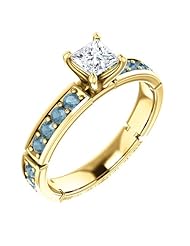 14K Yellow Gold Princess Cut White and Blue Diamond Ring -- LIFETIME WARRANTY