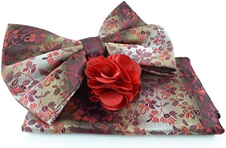 Uomo Vennetto Men's Burgandy, Red, Beige Paisley Bow Tie with Hanky and Lapel Flower
