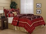7 Pieces Burgundy and Gold Embroidery Lily Flower Comforter Set Bed-in-a-ba ....