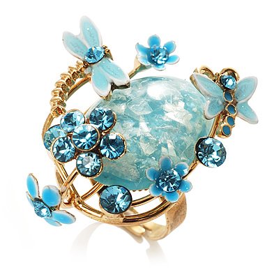 Exquisite Flower And Butterfly Cocktail Ring (Gold And Light Blue)