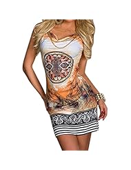 Sleeveless Summer Cotton Stretchy Feathers General Print Club Dress 