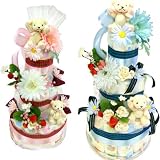 初孫に豪華な出産お祝い☆『くまさん・リーア』3段おむつケーキ★送料無料 クマちゃん達のお洒落で大きなオムツケーキ