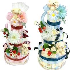 初孫に豪華な出産お祝い☆『くまさん・リーア』3段おむつケーキ★送料無料 クマちゃん達のお洒落で大きなオムツケーキ