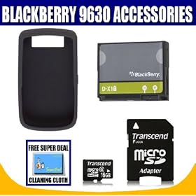 BlackBerry 9630 Tour Niagra 16GB Micro SD Card, BlackBerry Black Silicone Skin and BlackBerry D-X1 Replacement Battery with Exclusive FREE Complimentary Super Deal Micro Fiber Cleaning Cloth