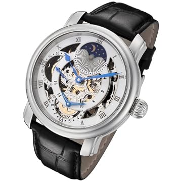 Rougois Silver Case and Silver Movement Dual Time Zone with White Accents and Moonphase Display Black Leather Band